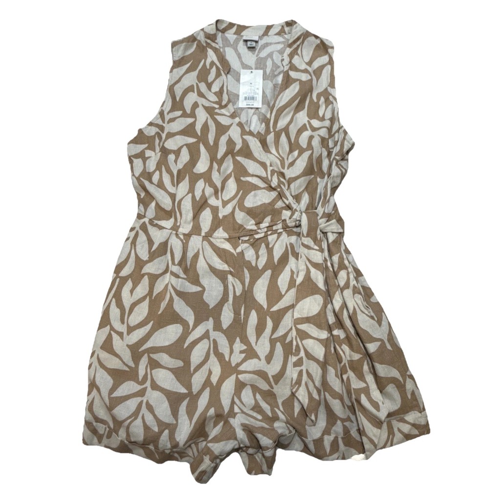 A New Day Women Romper Wrap Tie Waist Leaf Print Beige Sleeveless M