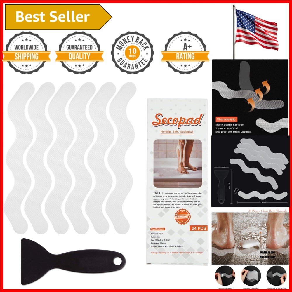 24 Pack Anti-Slip Shower Stickers with Scraper - Waterproof Safety Strips