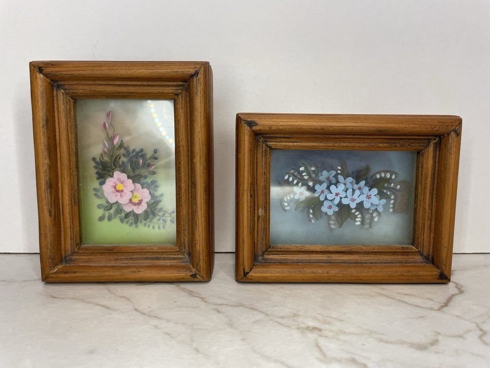 Vtg 3D Layered Glass Painting Set Of 2 Floral Handpainted Framed