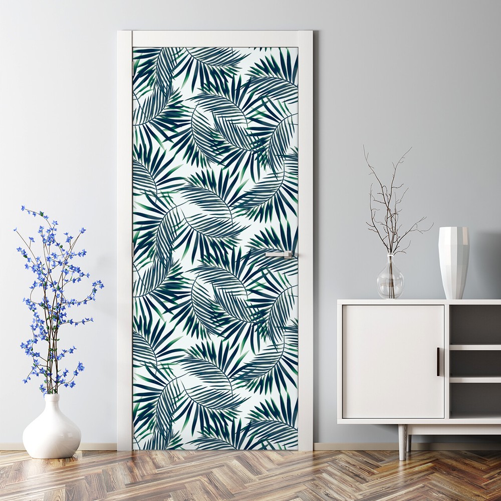 Minty Dark Tropic Leaves Bubble-Free Self-Adhesive Door Sticker Peel and Stick