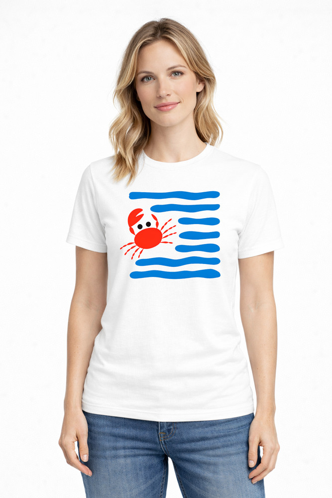 Women's Red Crab Blue Stripe T-Shirt Beach Coastal Graphic Casual Summer Tee
