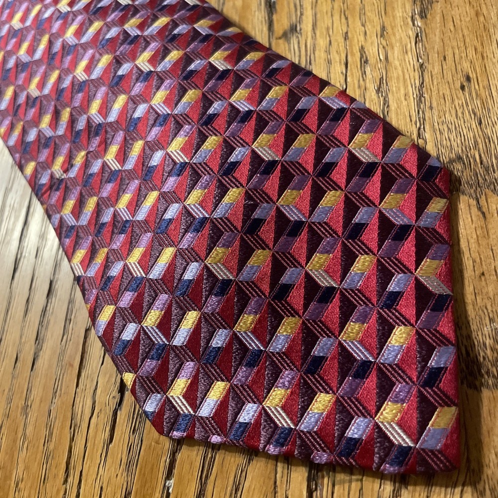 EUC XMI Platinum Thick Silk Vibrant Geometric Tie Men’s Necktie Hand Made In USA