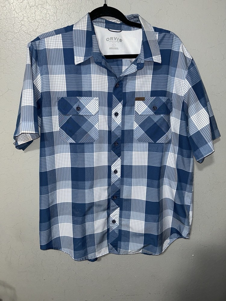 Orvis Men's Blue White Plaid Short Sleeve Button Up Outdoor Fishing Shirt Size L