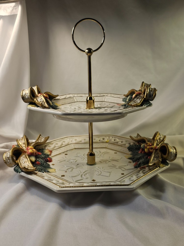 vintage fitz and floyd snowy woods betries and boughs 2 tier server