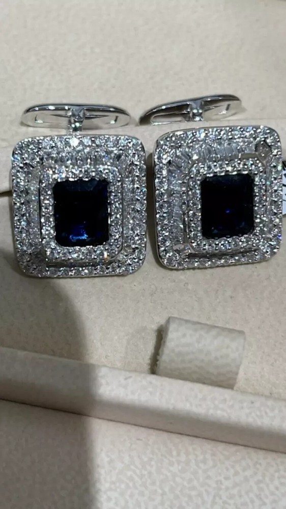 3Ct Emerald Cut Lab-Created Sapphire 14k White Gold Plated Classic Men Cufflinks