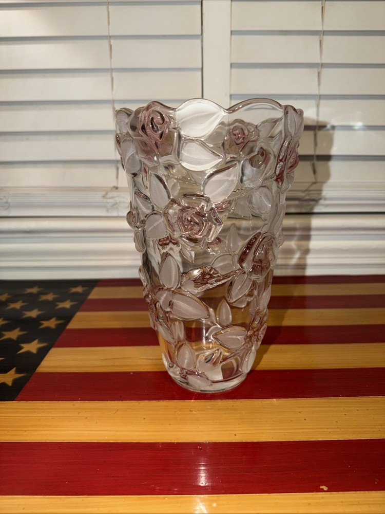 Mikasa Bella Rosa Crystal Vase Pink Roses Frosted Leaves Germany 9.5in