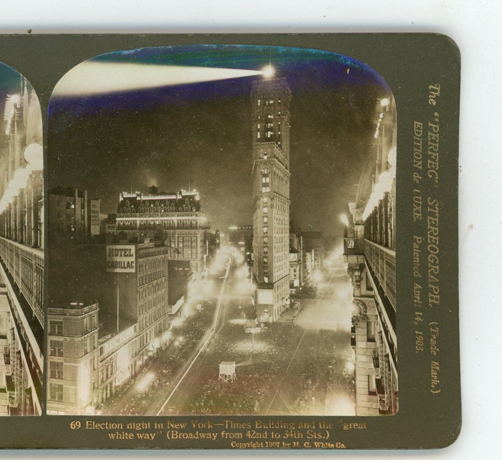 Election Night in New York Times Building NY USA H.C. White Stereoview