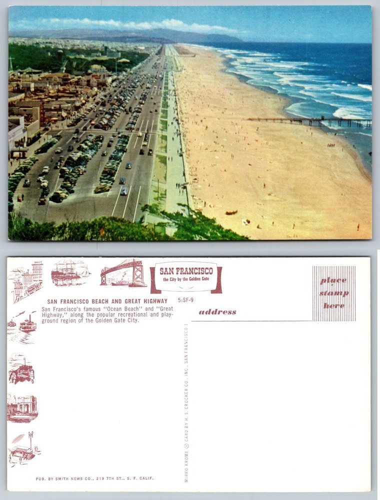 San Francisco Ocean Beach Great Highway Mirro-Krome Postcard 1950s-60s