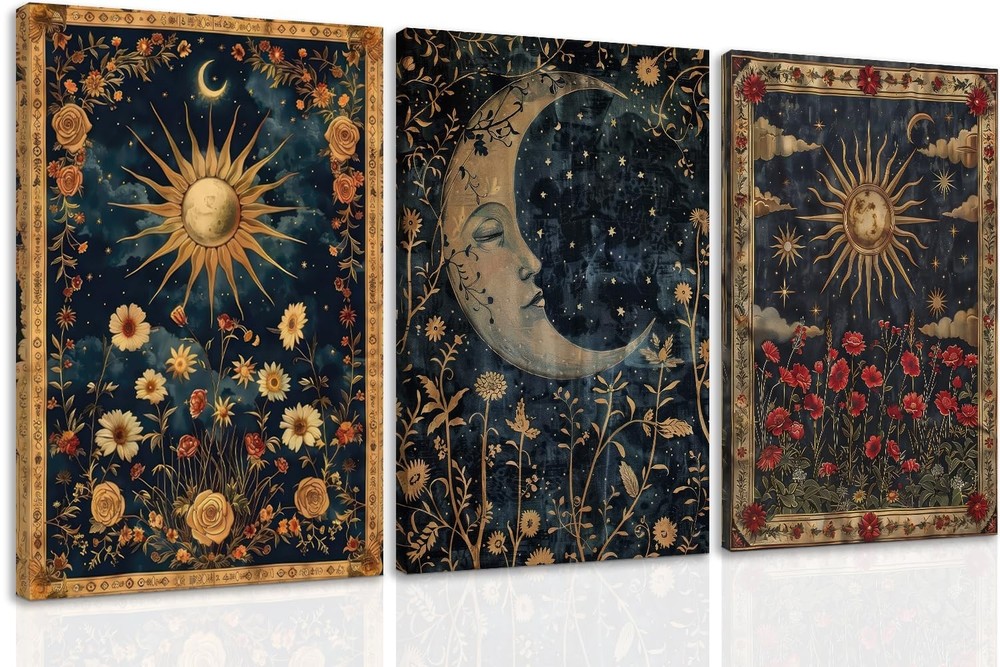 Retro Tarot Crescent Mural Wall Art with Sun and Moon Celestial Design
