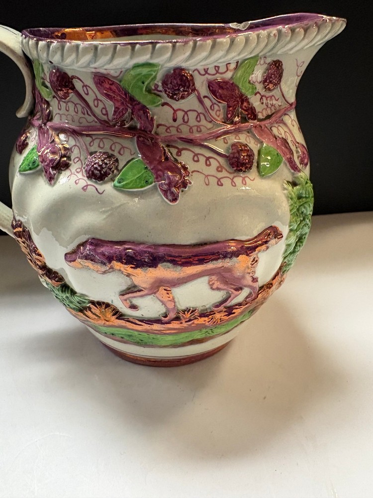 Staffordshire Pearlware Pink Lusterware Hunt Pitcher With Dogs Ca. 1820