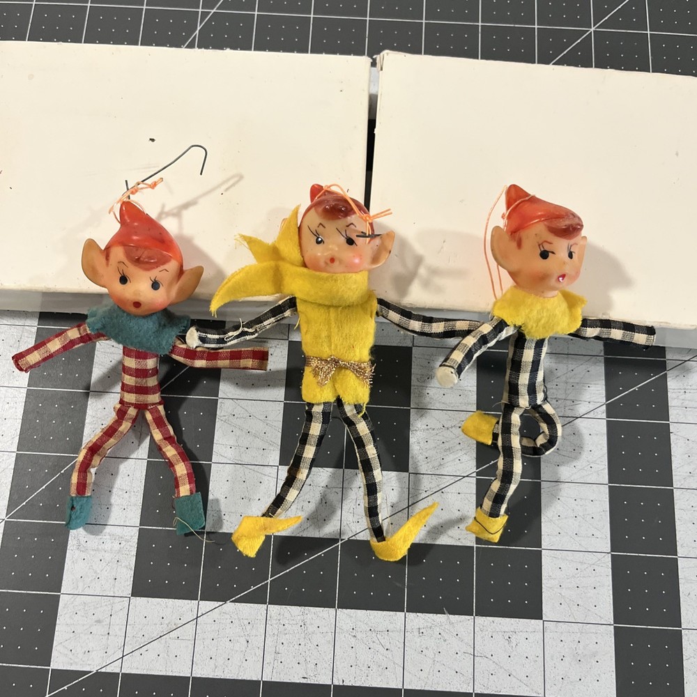VTG Pixie Elf Knee-Hugger Ornaments Poseable Japan 1950-60s - Set Of (3)