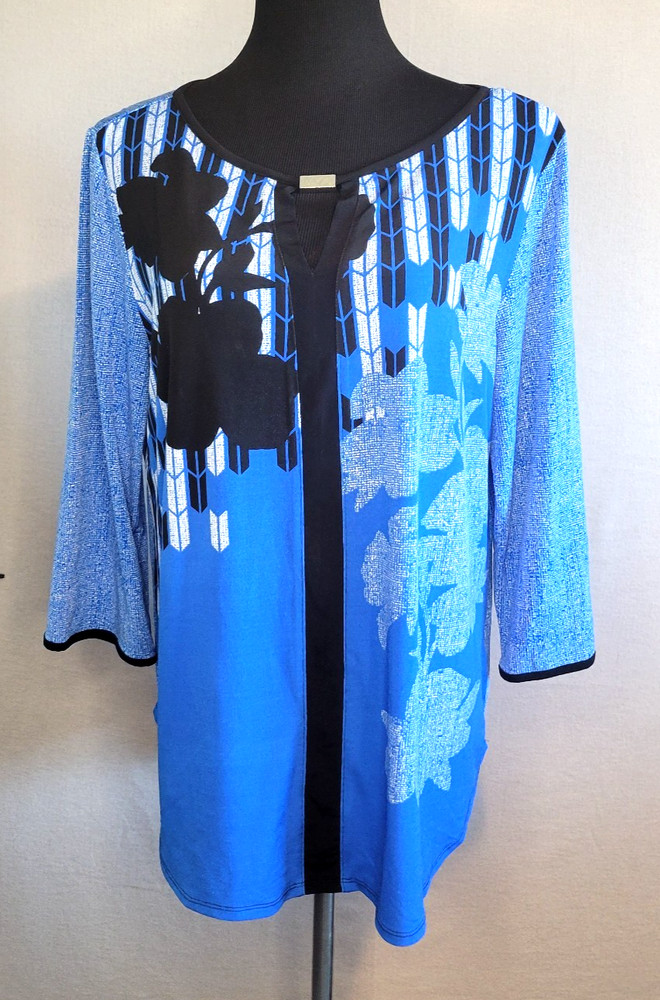 Dana Buchman Women’s XL Blue Floral Print Stretch Tunic Top 3/4 Sleeve Shirt