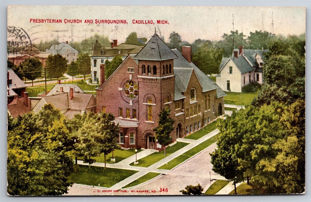 Presbyterian Church Birdseye View Neighborhood Cadillac MI C1910 Postcard J7