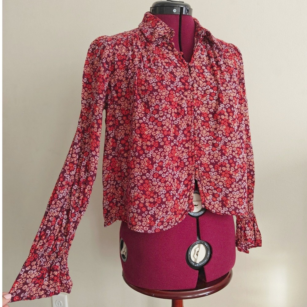 Forever 21 Ditsy Floral Button Up Blouse Retro 70s Style Long Flare Sleeve Shirt