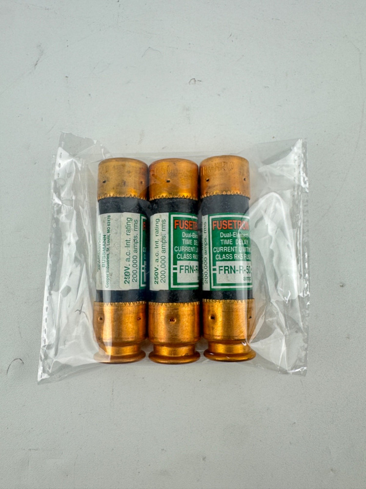 x(3) Fusetron FRN-R-50 Dual-Element Time Delay Fuses, 50 Amp, RK5