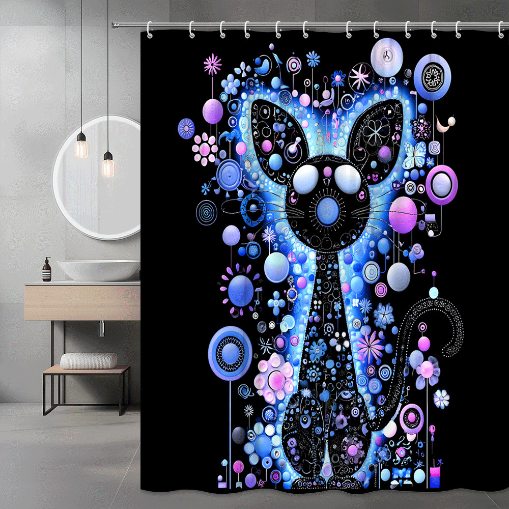 Black Cat Graphic Shower Curtain Blue Pink Abstract Art