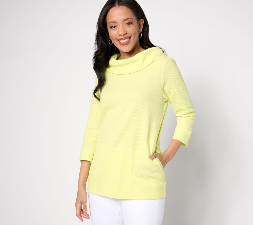Denim & Co. Women's Top Plus Sz 1X Waffle Knit Cowl Neck -Sleeve Green A640901