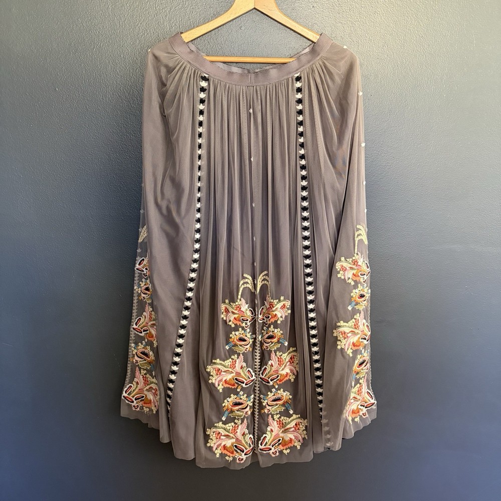 Sundance Arabella Grey Embroidered Floral Tulle Midi Skirt, Size Medium M