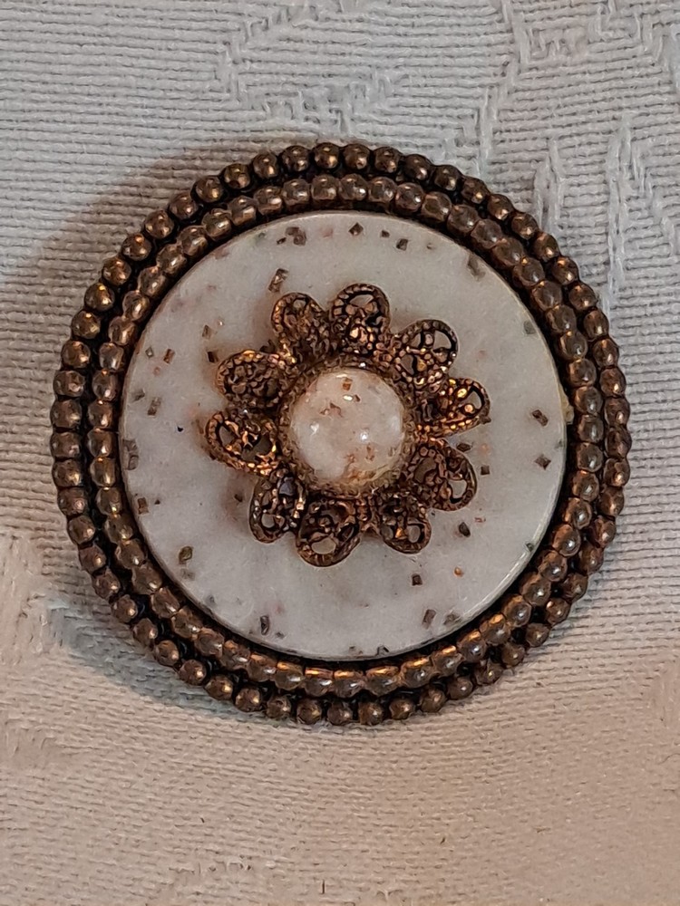 Vintage Confetti Lucite Brooch White, Gold Tone Mid Century Pin