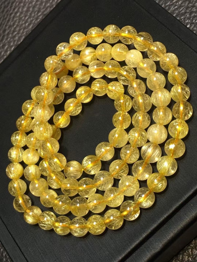 30.4G Natural gold Hair Rutilated Quartz Crystal Round Beads Bracelet Healing