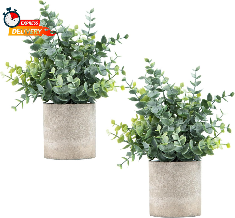 2 Pack Small Fake Plants Eucalyptus Potted Artificial Plants for Shelf Desk Home