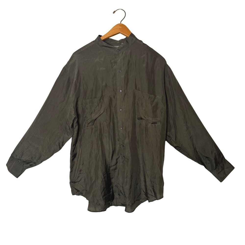 Robert Stock Band Collar 100% Silk Shirt Mens L Green Long Sleeve Button