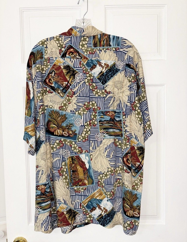 Reyn Spooner Hawaiian Shirt XL Scenes Of Hawaii Blue Tan Brown