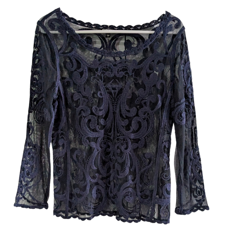 Express Women's Blue Mesh Embroidered Blouse, Size Small