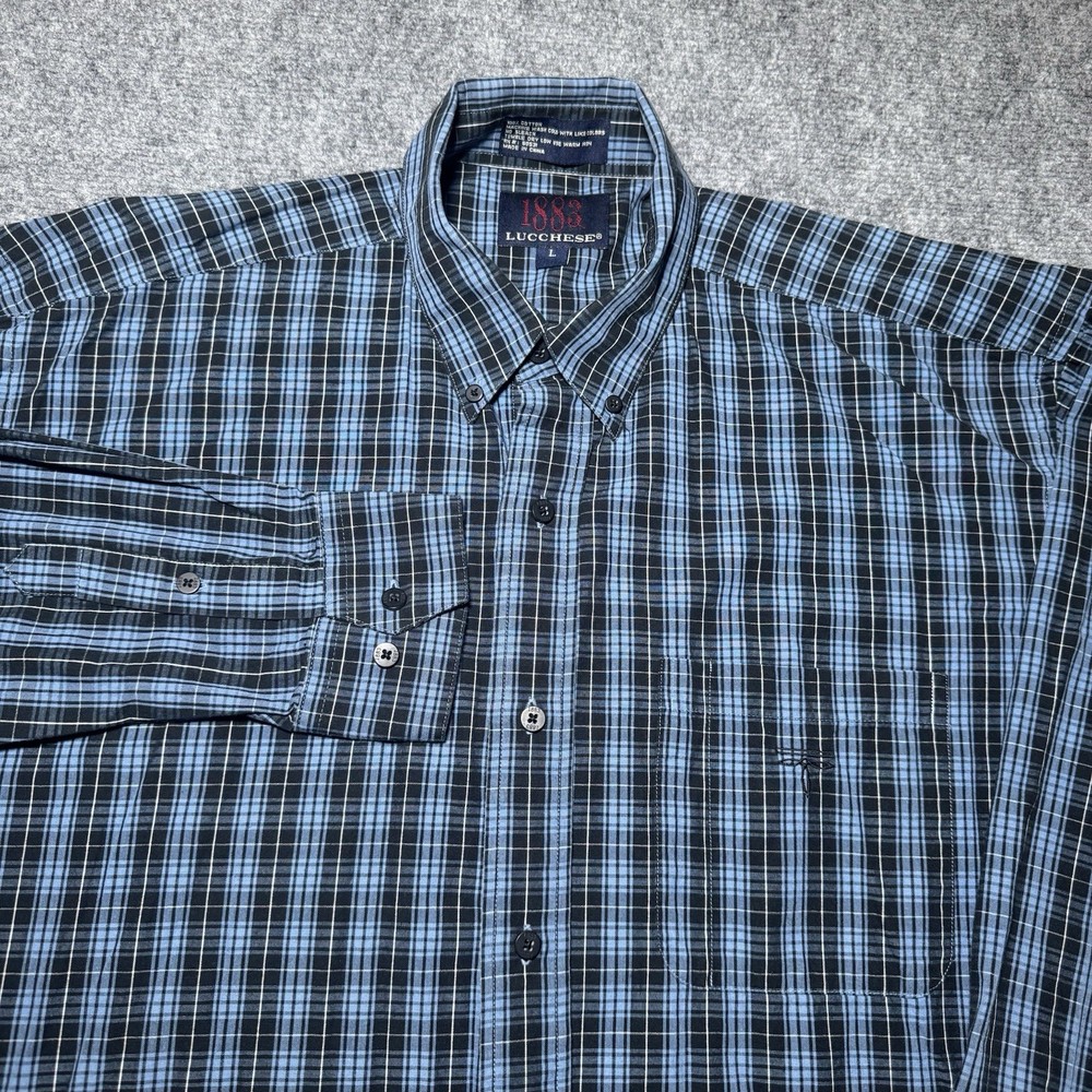 Lucchese 1883 Mens Shirt Large Blue Plaid Long Sleeve Button Down Cotton