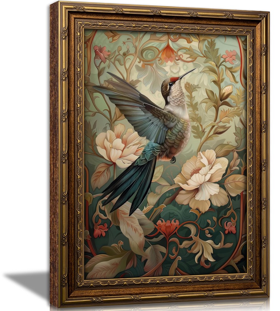Vintage Hummingbird Bird Floral Wall Art Colorful Botanical Aesthetic Paintin...