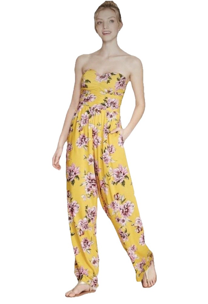 Xhilaration Yellow Floral Strapless Wide-Leg Jumpsuit Size L