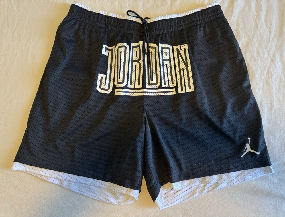 Jordan Men's Black/White Mesh Athletic Shorts Drawstring Elastic Waist Logo XXL