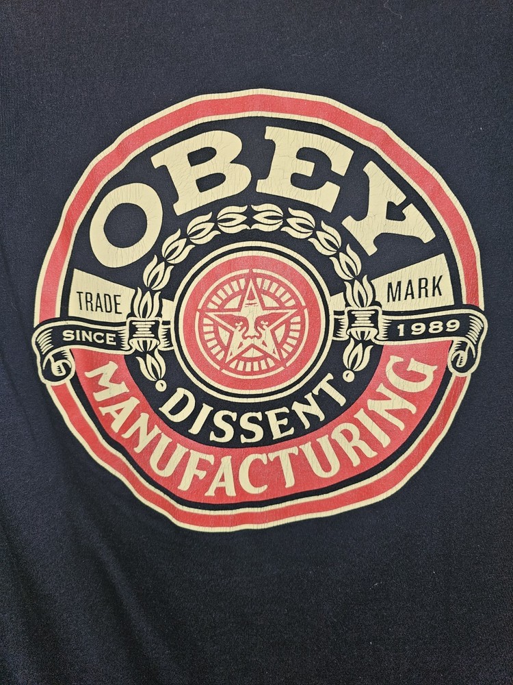 Obey Manufacturing Dissent Small Mens Black Double-sided Graphic Logo Tee