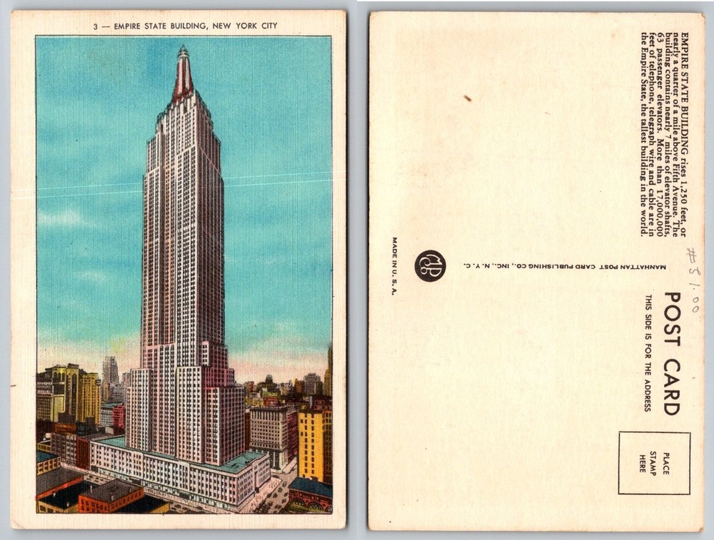 Vintage Empire State Building NYC Linen Postcard - Manhattan Post Card Co.