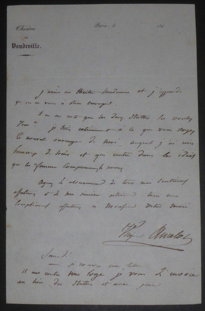 ANCELOT Virginie AUTOGRAPH LETTER SIGNED PARIS, THEATRE DE VAUDEVILLE