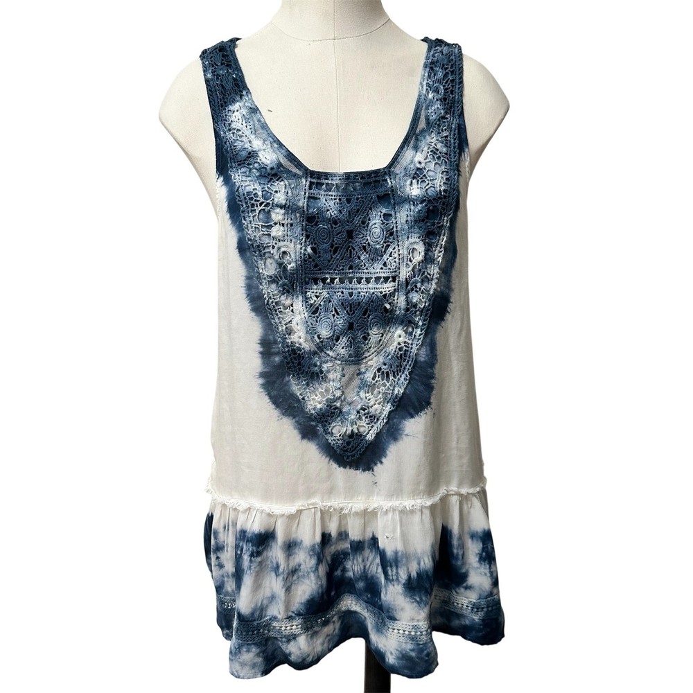 Knox Rose Tie Dye Tunic Women Small Blue White Crochet Lace Peplum Tank Top
