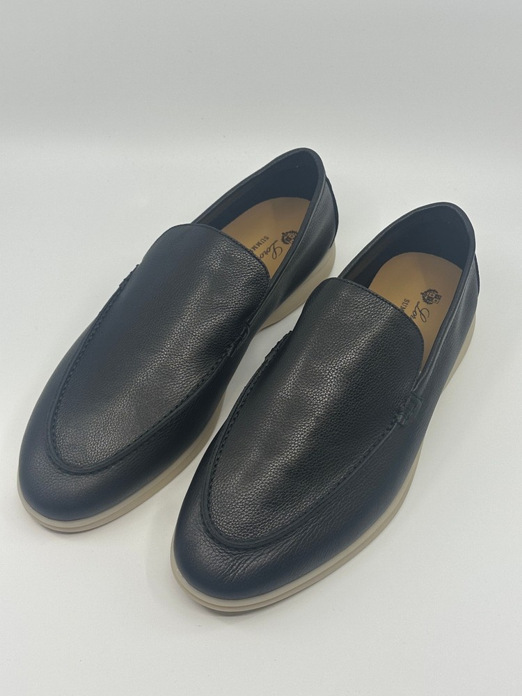 Black Leather Loro Piana Summer Walk Loafers Shoes