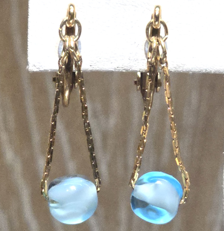 Vintage Napier Clip Earrings Aquamarine Glass Dangle Bead