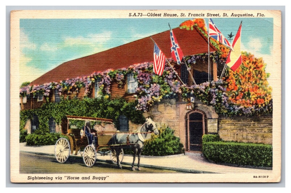 St Augustine FL Oldest House St Francis Street Horse & Buggy Linen Postcard 1941