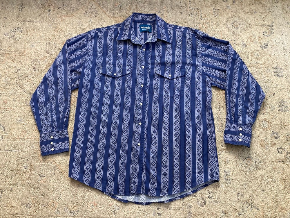 Vintage Wrangler Brushpopper Shirt Mens Large Pearl Snap Aztec Southwestern Blue