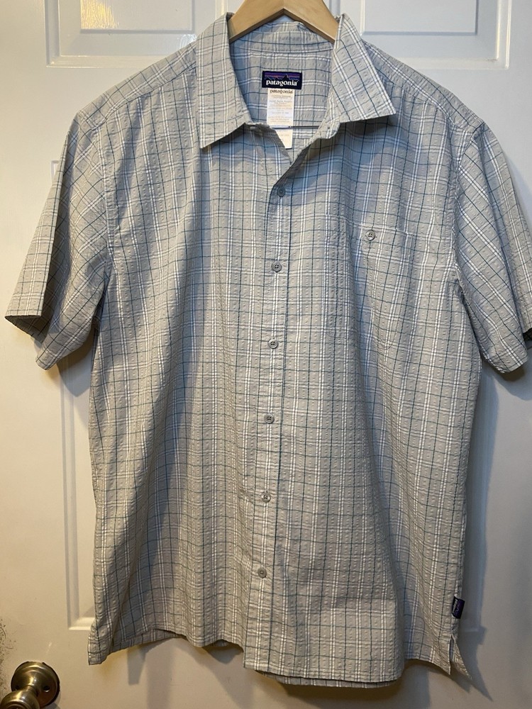 Patagonia Mens XL Puckerware Plaid Seersucker Shirt Short Sleeve Travel Hiking
