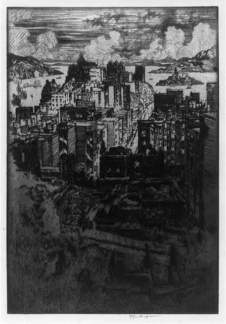 Russian Hill,San Francisco,California,CA,Bird's Eye View,1912,Joseph Pennell