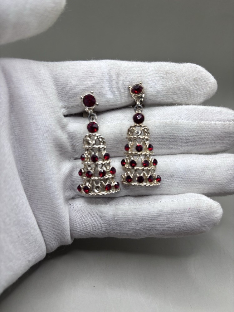 Vintage Red Rhinestone/glass Silver Christmas Tree Clip On Earrings