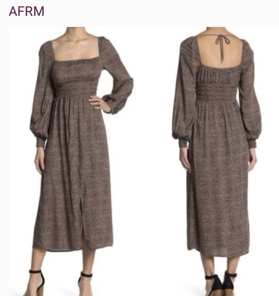 AFRM Womens Brown Maxi Dress Slip Leopard Print Smocked Waist Long Sleeves XL