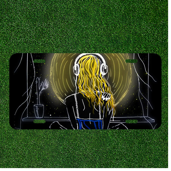 Custom Personalized License Plate Auto Tag With Blonde Women With Headphones Art