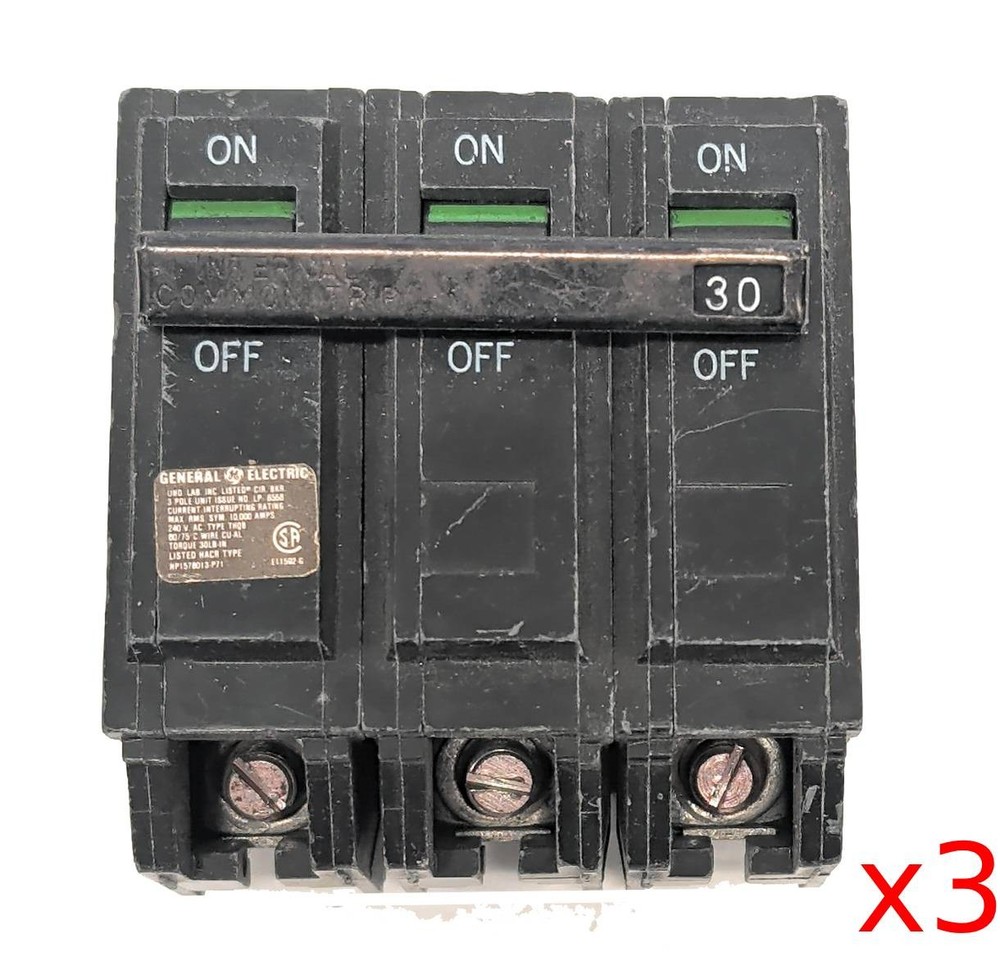 Lot of 3 GE THQB32030 3 Pole Bolt-on 30A Circuit Breaker 120/240 VAC, No Screw