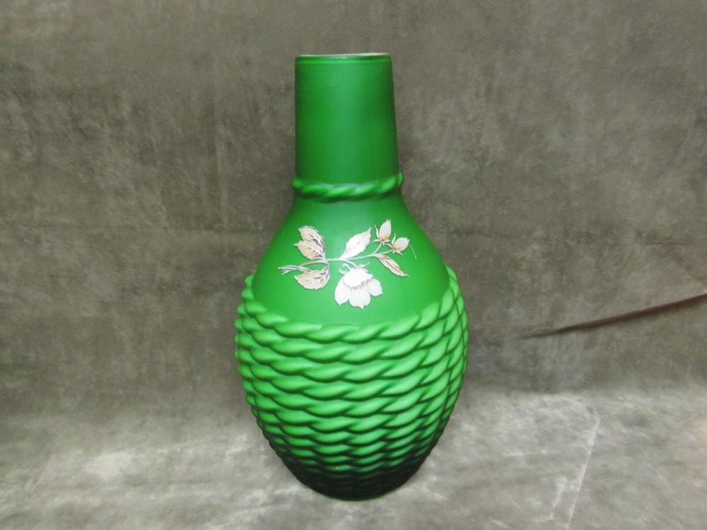 1960's Cased Green White Satin Empoli Art Glass Italy Rope Vase w/Stencil Flower