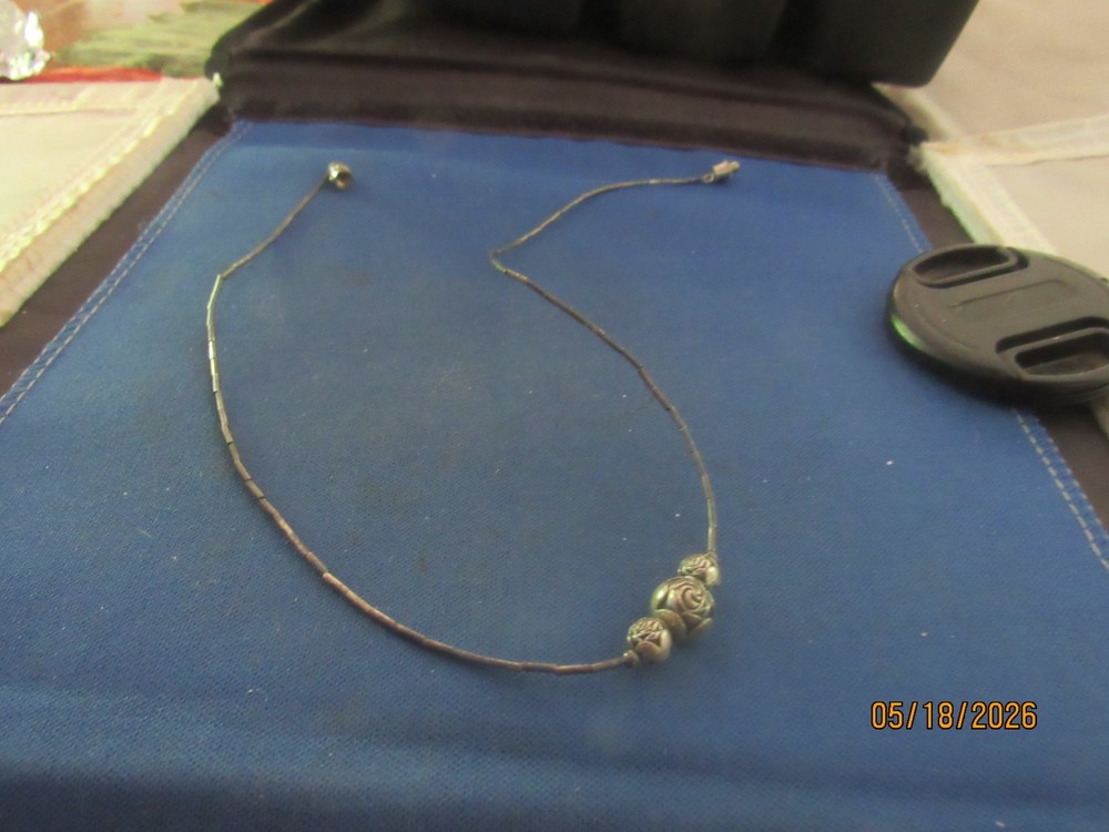 Vintage Sterling Silver Tube Silver Beaded With Three Flower Beads Necklace