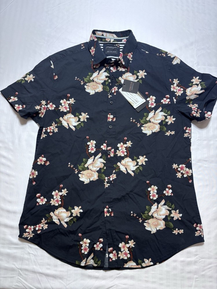 Denim & Flower Ricky Singh Top Womens Medium Black Floral Button-Up Hawaiian NWT