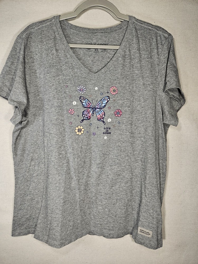Life Ia Good Women's Size XL Crusher Tee Shirt Short Sleeve Top Retro Butterfly